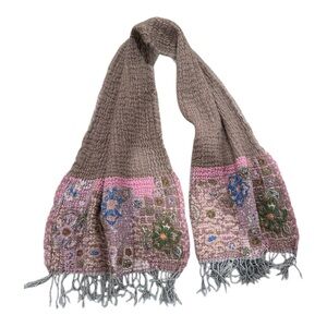 Vtg wool crewel flower embellished Pulvermacher Designs NYC scarf